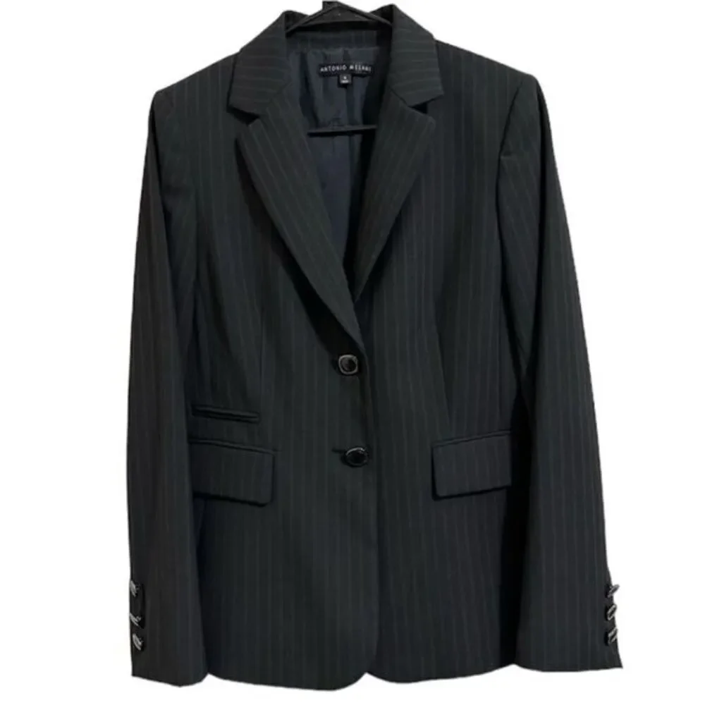 ANTONIO MELANI PINSTRIPE 2 BUTTON‎ LONG BLAZER BLACK CAREERWEAR 6